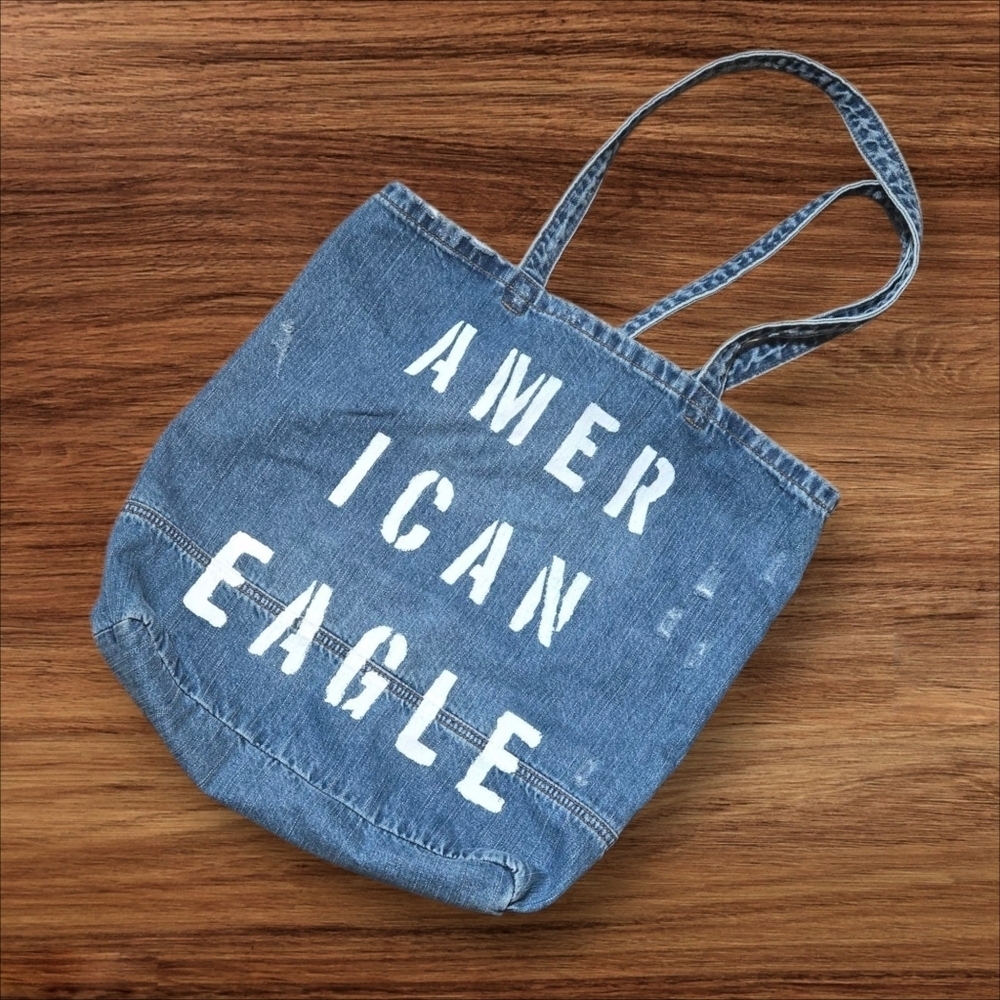 American Eagle Blue Denim Distressed Tote with Logo Patch